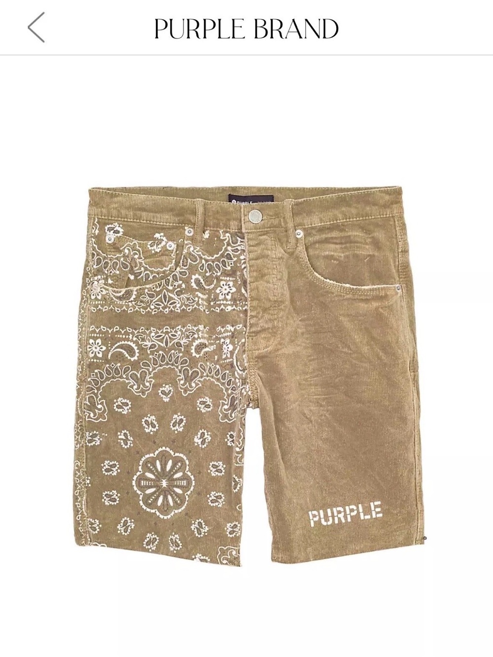 PURPLE BRAND Men’s Tan Corduroy Jean Shorts with Bandana Print - Picture 3 of 3